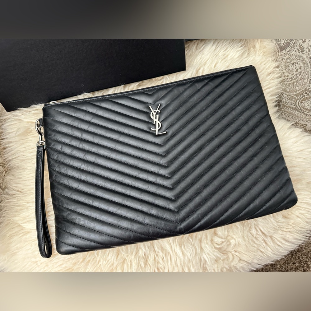 YSL Document Holder. MacBook Air Size. Black. Silver Hardware. Dust Cover/Box .